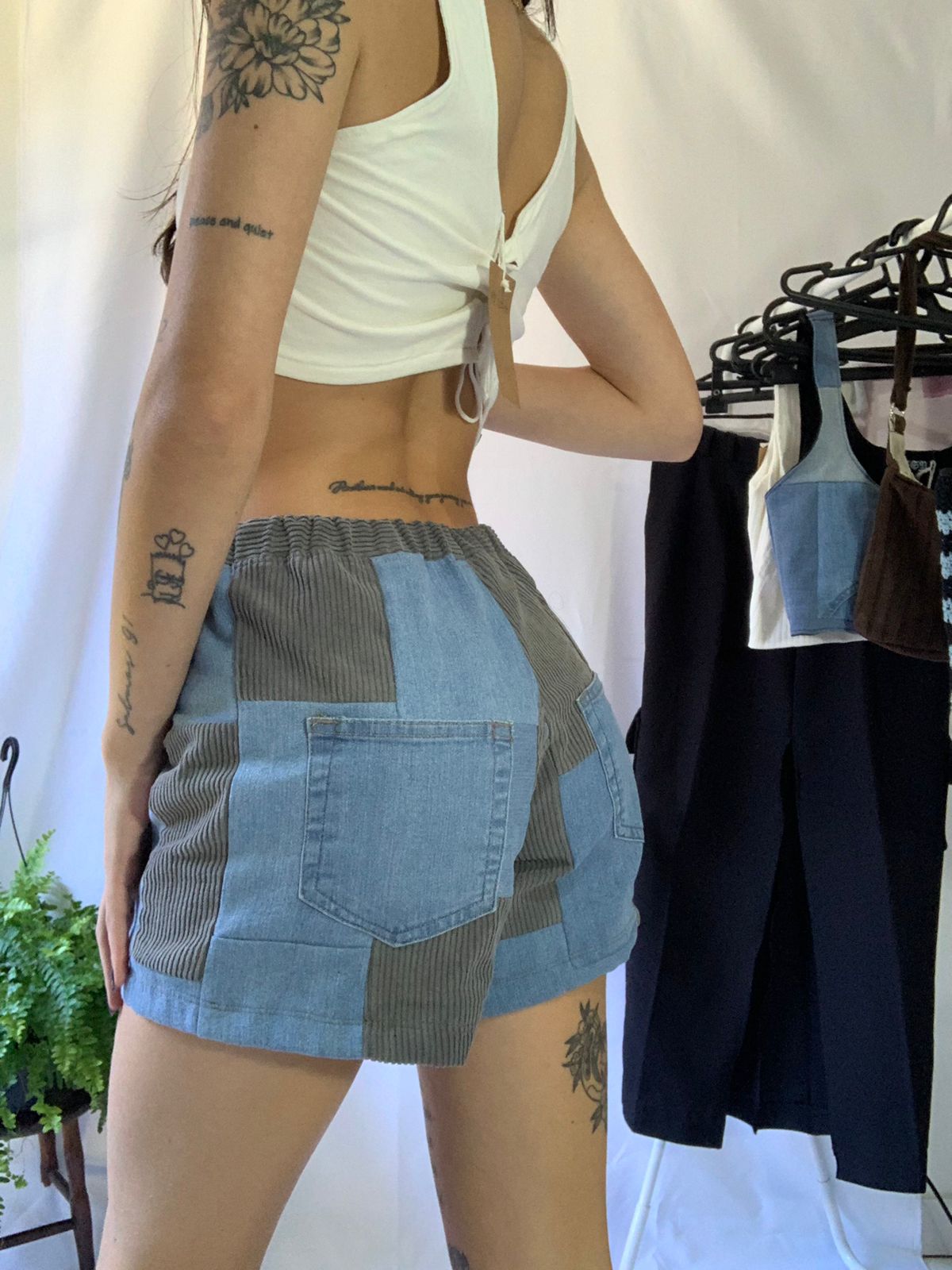 Short retalhos jeans + cotelê